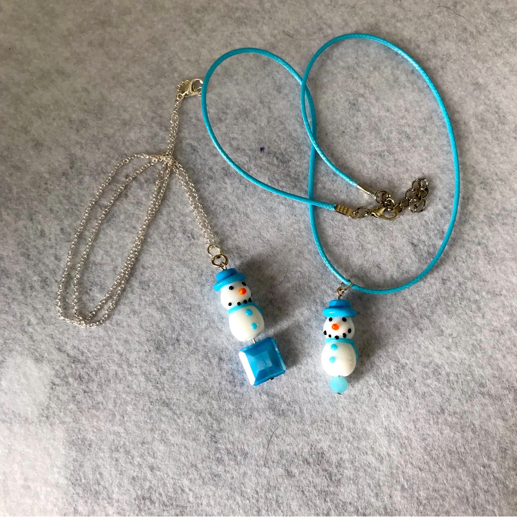 Adorable Snowman Necklace On Silver Chain Or Blue Cord.Lamp Work Snowman